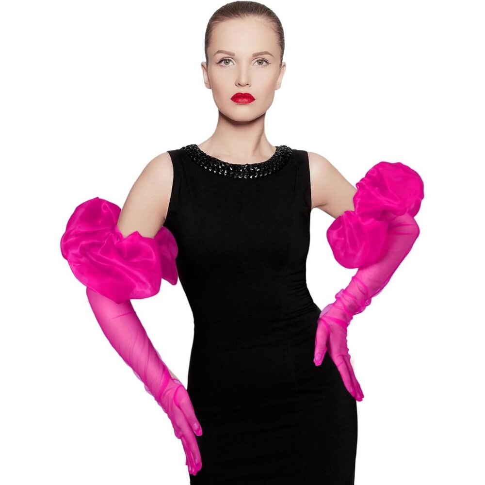 Women's Hot Pink Puff Tulle Sleeve Gloves Design Sheer Mesh Cocktail Party Prom